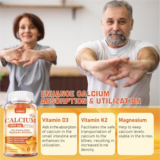 1000 mg Calcium Citrate Supplement Gummies for Adults - Calcium Gummies with Vitamin D3, K2, Magnesium, Strontium for Women, Men - Support Calcium Absorption & Immune System