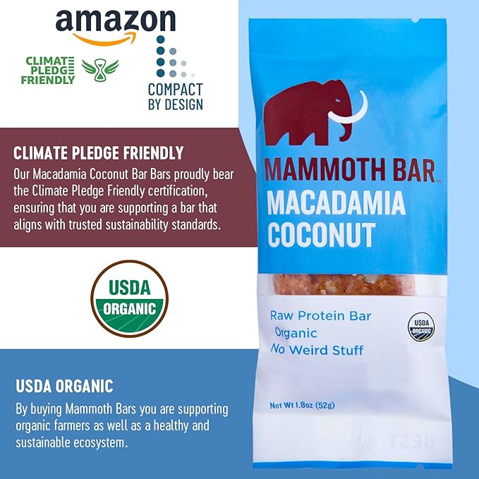 Mammoth Bar Macadamia Coconut Bar - 10 Organic Protein Bars – Prebiotic • Paleo • Gluten Free • Egg Protein • GMO Free • Raw • Premium Nuts