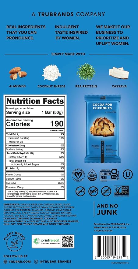 TRUBAR Vegan Protein Bar, Cocoa For Coconuts, Gluten Free, Plant Based Protein, Dairy Free, Non GMO, Soy Free, No Sugar Alcohols, 12G Protein, 12G Fiber, 23G Carb, On the Go Snack Bars, 8ct
