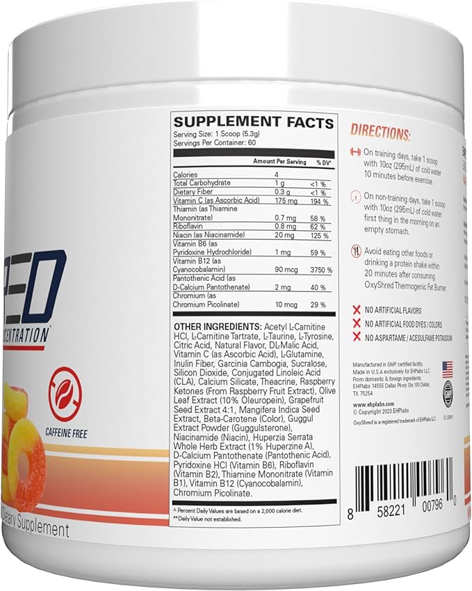 EHP Labs OxyShred Non Stimulant Pre Workout Powder - Stim Free Pre Workout, Caffeine Free Preworkout for Men & Women with L Glutamine & Acetyl L Carnitine - Peach, 60 Servings