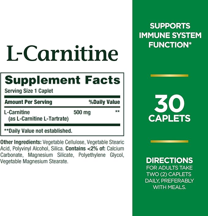 Nature's Bounty L-Carnitine, Supports Heart Health & Fat Metabolism, Amino Acid Supplement, 500 mg, 30 Tablets