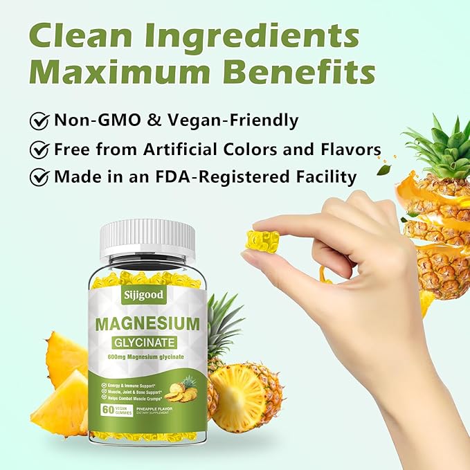2 Pack Magnesium Glycinate Gummies 600mg, Relaxation & Zzz Support, Magnesium Potassium Supplement for Adults and Kids Sugar-Free, Vitamin C B6 B12 D3 and CoQ10, Pineapple Flavor, 120 Count
