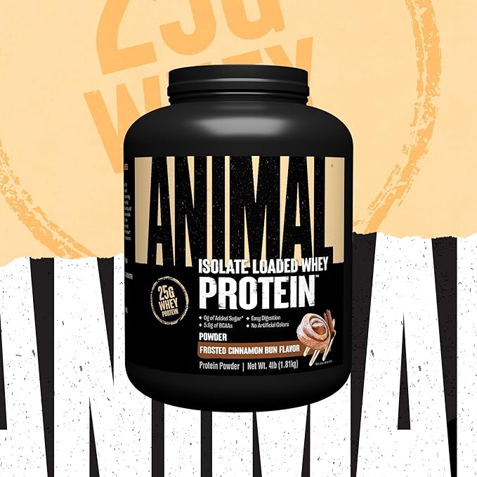 Animal Whey Isolate Protein Powder - Loaded for Pre & Post Workout Muscle Builder and Recovery with Digestive Enzymes for Men & Women - 25g Protein, Great Taste, Low Sugar - Frosted Cinnamon Bun 4 lbs