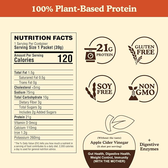 Meal Replacement Shakes, 21g Protein, Vegan Plant Based Protein Powder, Apple Cider Vinegar, Digestive Enzymes, All in One Shake for Women & Men (10 Servings, Cocoa Cream)
