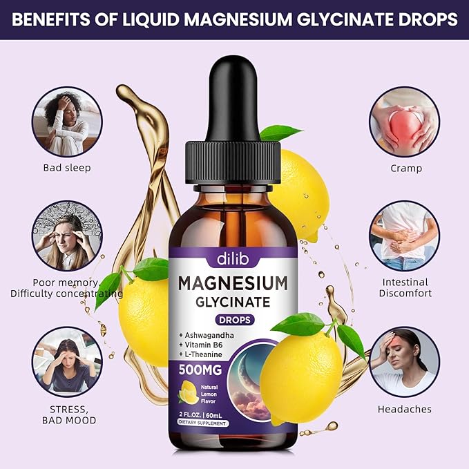 Magnesium Glycinate Supplement, Magnesium Liquid Drops with Magnesium Glycinate 500mg Vitamin B6, Ashwagandha, L - Theanine, Chamomile -Support Stress Relief, Bone, Muscle, Mood Vegan (Pack of 2)