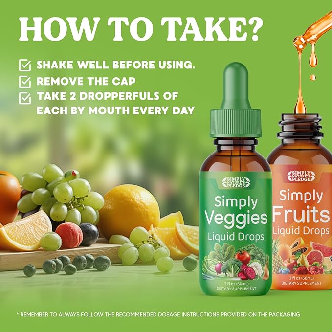 Simply Nature's Pledge - Fruit and Vegetable Supplements - Liquid Drops - Made with Whole Food Superfoods, Packed Vitamins & Minerals - Soy Free - Made in The USA