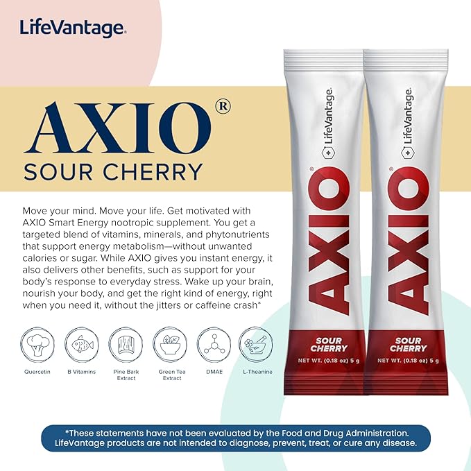 LifeVantage - AXIO - Regular Energy Drink Powder, Sour Cherry - with B Vitamins, DMAE, L-Theanine, Quercetin, Green Tea and Pine Bark - 30 Packets
