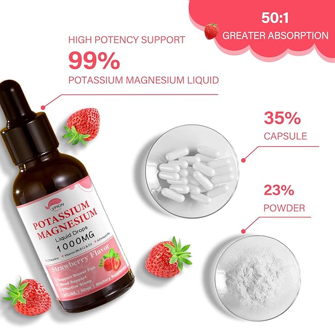 Potassium Magnesium Citrate Supplement,Magnesium Liquid Drops with Magnesium Glycinate 1000mg with Ashwagandha,Zinc,Support Clam & Support Immune System(Strawberry,2 FL.OZ.)