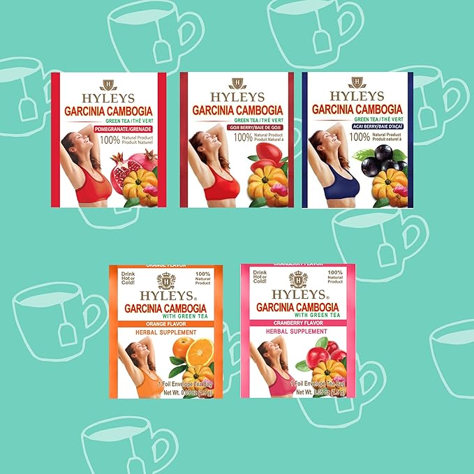 HYLEYS Tea Garcinia Cambogia Green Tea 5 Flavors Assortment - 25 Tea Bags (6 Pack - 150 Tea Bags Total)