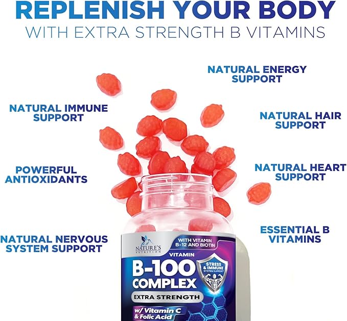 B Complex Gummy with Vitamin C & Folic Acid, Extra Strength Vitamin B Gummies Supplement with Niacin, B6, Folic Acid, Super B12, Biotin, Nature's Energy Immune Support Supplements - 60 Gummies