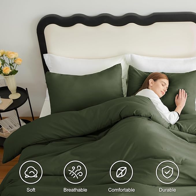 CozyLux Olive Green Comforter Set Full Size, 3 Pieces Solid Breathable Quilted Style Bedding Sets, Dark Olive Green Luxury Fluffy Soft Microfiber Comforter for All Season (1 Comforter & 2 Pillowcases)