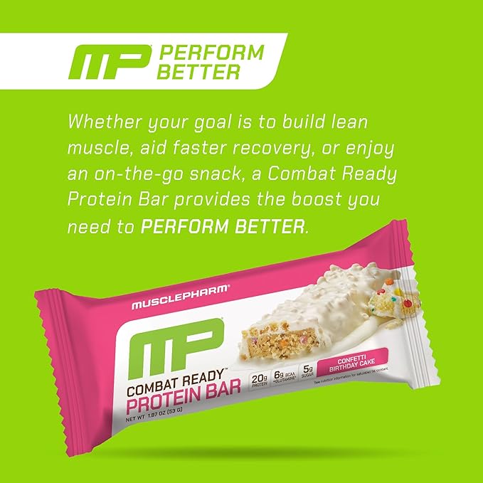 MusclePharm Combat Ready Protein Bar, Confetti Cake High Protein Bars, Combat Cravings, Fuel Performance & Meet Energy Demands, 20g Protein from Whey Protein, 4g Fiber, Gluten Free, 4 Bars
