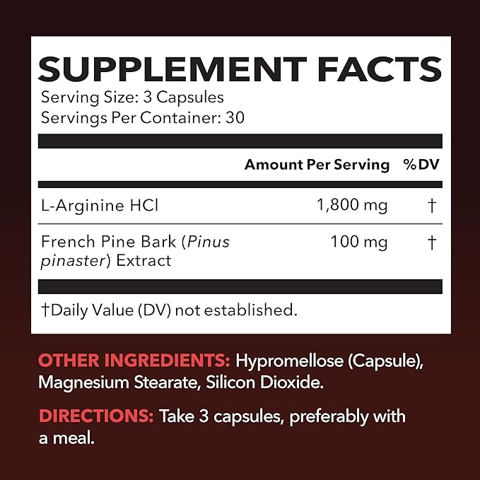 L-Arginine 1800mg and Pine Bark Extract 100mg - Nitric Oxide Supplement for Men - Performance Supplement for Men's Health - 90 Count - Endurance, Recovery Support - Vegan, Non-GMO Capsules