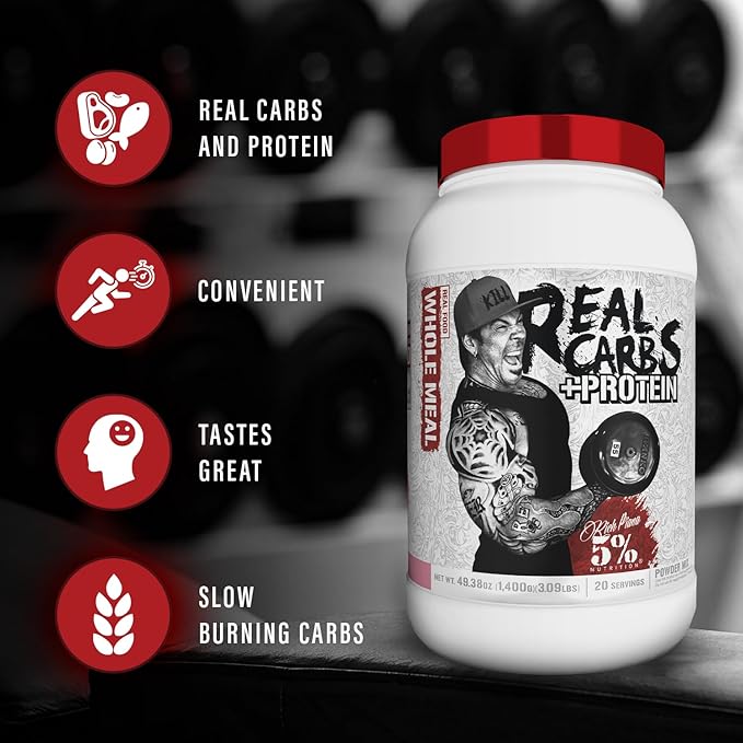 5% Nutrition Rich Piana Real Carbs + Protein | Clean Mass Gainer Meal Replacement Protein Powder | Carbohydrate for Pre Workout/Post-Workout Recovery Meal | 2.87 lb, 20 Srvgs (Banana Nut Bread)