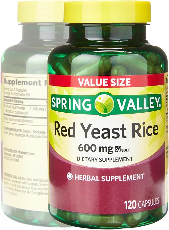 Spring Valley Red Rice Yeast 600mg, Red Yeast Rice Powder (Monascus purpureus), Dietary Supplement, Cholesterol, Gluten Free, Capsules for Adults 120 Count (Pack of 1)