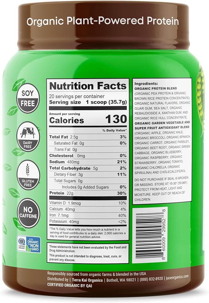 Juce Organic Plant-Based Protein Powder – Chocolate | Premium Organic Protein Blend, Brown Rice, & Pumpkin Proteins | Superfood & Antioxidant Rich with Kale, Spinach, Blueberry - By Terra Kai Organics