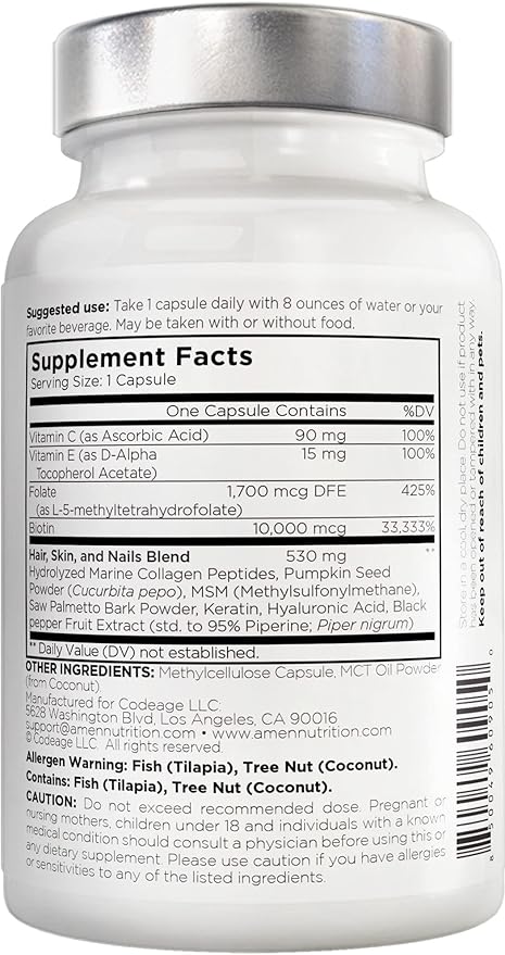 Amen Biotin Collagen Vitamins+ 10,000 mcg Biotin Supplement - Hydrolyzed Collagen, Vitamins C & E, Folate, Hyaluronic Acid, Keratin, MSM, Saw Palmetto - 3-Month Supply - Non-GMO - 90 Capsules