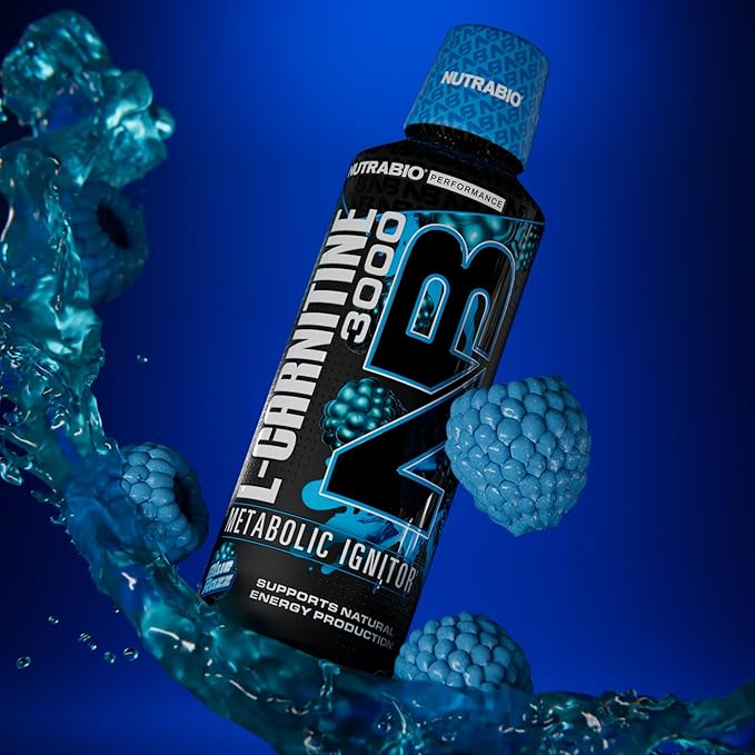 NutraBio – L-Carnitine Liquid Shots – 3000mg, (Blue Razz) – 10mg of Vitamin B-5 – Zero Carbs & Sugars – Energy Production – Muscle Recovery