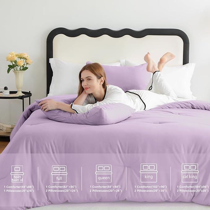 CozyLux Lavender Purple Comforter Set King Size, 3 Pieces Solid Breathable Quilted Boho Style Bedding Sets, Luxury Fluffy Soft Microfiber Comforter for All Season(1 Comforter & 2 Pillowcases)