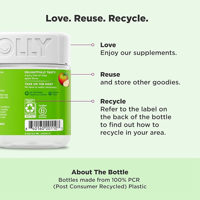 OLLY Metabolism Gummy Rings, Apple Cider Vinegar, Vitamin B12, Chromium, Energy and Digestive Health, Chewable Supplement, Apple Flavor, Twin Pack - 60 Count