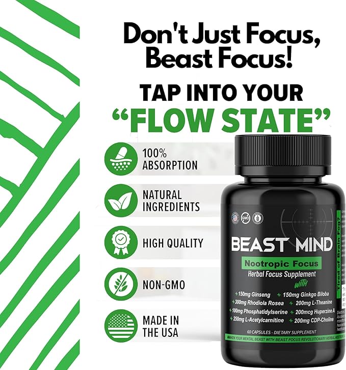 Focus Clarity Nootropic Blend | Ginkgo Biloba | Huperzine A | Rhodiola | Citicoline | L-Theanine | Enhanced Focus & Clarity & Cognitive Function Labs