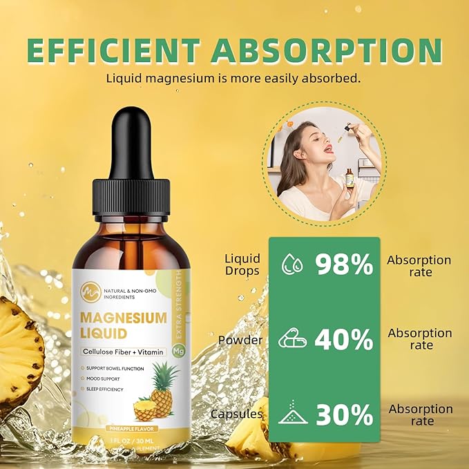 Magnesium Glycinate Liquid Drops, Magnesium Liquid Supplement with Cellulose Fiber, Bromelain, Vitamin B6, C, D, Zinc, Support Night, Muscle, Relax, Bone, Mood, Pineapple Flavor, 2 Pack