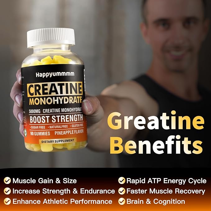 Creatine Monohydrate Gummies 5000mg for Men & Women, Chewables Creatine Monohydrate for Muscle Strength, Muscle Builder, Energy Boost, Pre-Workout Supplement(90 Count)-Pineapple.