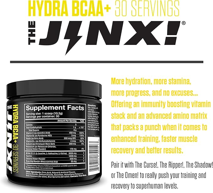JNX SPORTS The Jinx! Hydra BCAA+ Post Workout Recovery Drink - Hydration with Electrolytes for Men & Women - 30 Serving, Lemon Lime