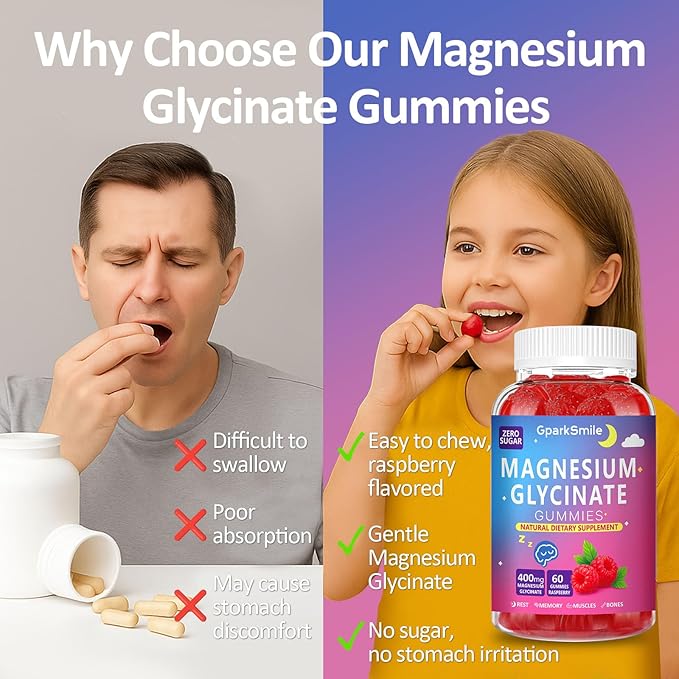 Magnesium Glycinate Gummies 400mg - Sugar Free Vegan Gummies for Adults & Kids with Vitamin D3, B6, C, CoQ10, Collagen, Zinc - Sleep, Muscle, Bone & Memory Support - 60 Raspberry Chewables