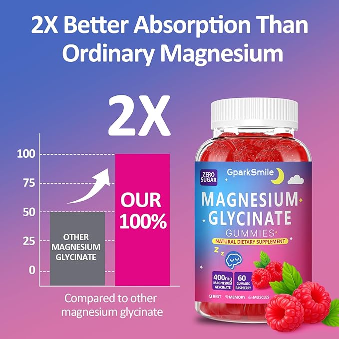 Magnesium Glycinate Gummies 400mg - Sugar Free Vegan Gummies for Adults & Kids with Vitamin D3, B6, C, CoQ10, Collagen, Zinc - Sleep, Muscle, Bone & Memory Support - 60 Raspberry Chewables