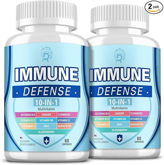 Immune Support Supplement, 10-in-1 Immune Defence with Vitamin C,B6,B12,VIT D, Zinc, Echinacea Turmeric Elderberry Immune Boosters for Adult - 120 Capsules(2 Pack)