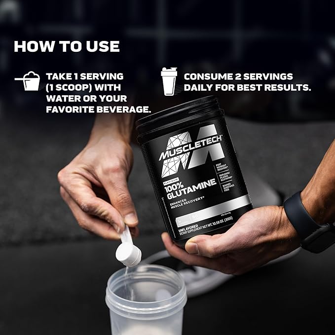 Muscletech 100% L-Glutamine Powder for Enhanced Muscle Recovery - Pure L Glutamine Muscle Growth Builder & Energy Boosting Nutritional Supplement for Men & Women - Unflavored, 60 Servings