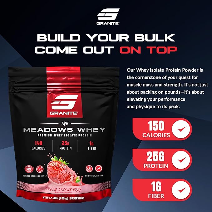 Granite Supplements The Meadows Whey Protein Isolate Protein Powder for Lean Muscle with 150 Calories, 2g Fiber, 1g Sugar (30 Servings), Fresh Strawberry Flavor