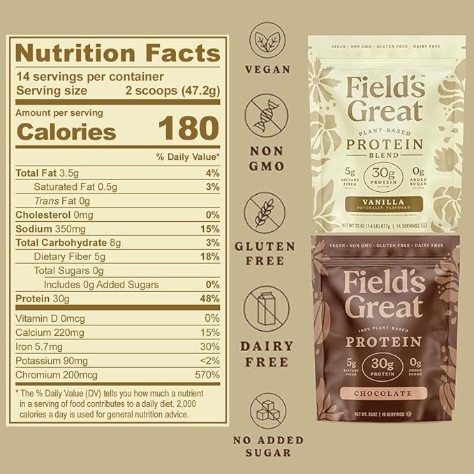 Field's Great Plant-Based Protein Shakes, Supports Muscle Maintenance, Gut Health & Energy with Clean Ingredients for Whole-Body Wellness, 30 Grams of Protein, 5 Grams of Fiber - 14 Servings (Vanilla)