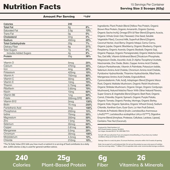 Ka’Chava All-In-One Nutrition Shake Blend, Matcha, 15 Servings, 85+ Superfoods & Nutrients, Meal Replacement, Greens Plant-Based Superfood Powder Protein Drink, Digestive Enzymes & Probiotics, Vegan Dairy Gluten Free