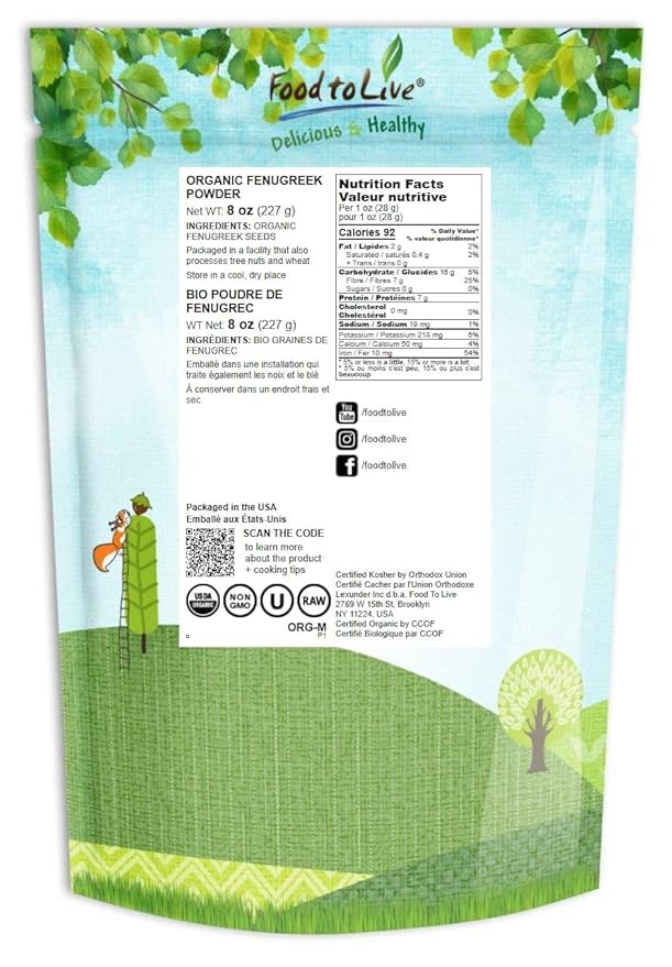 Food to Live - Organic Fenugreek Powder, 8 Ounces - Non-GMO, Raw, Ground Methi Seeds, Pure, Kosher, Vegan Superfood, Bulk, Great for Cooking, Drinks and Smoothies
