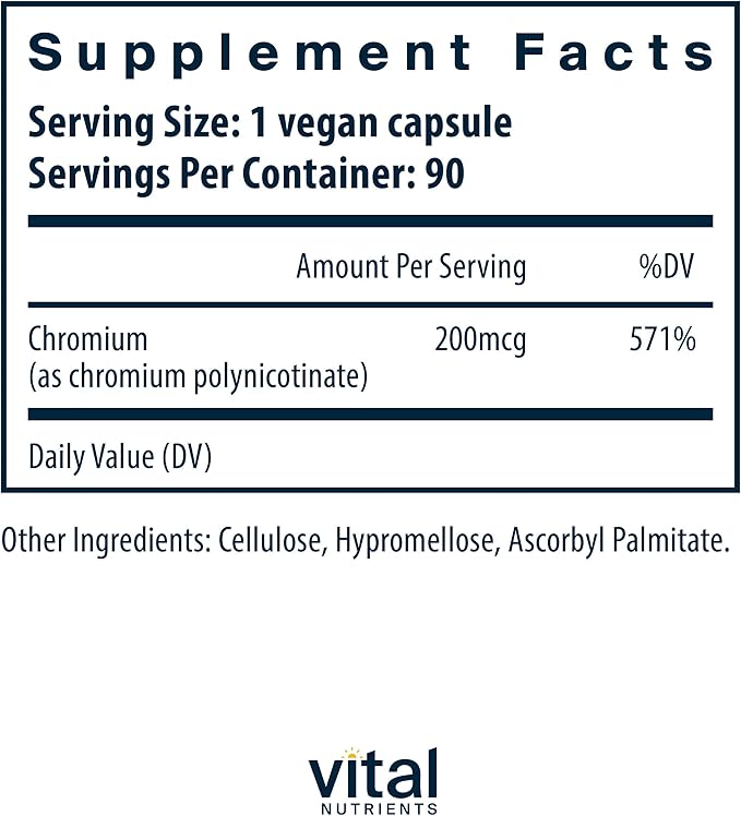 Vital Nutrients Chromium Polynicotinate 200mcg | Chromium Supplements for Healthy Fat and Carbohydrate Metabolism | Cholesterol Maintenance Supplement | Gluten, Dairy, Soy Free | Non-GMO | 90 Capsules