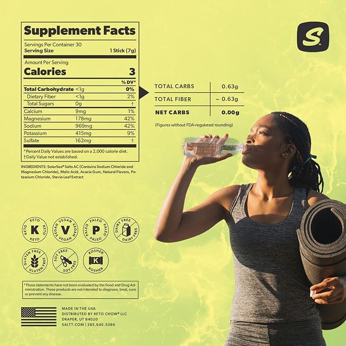 Keto Chow SALTT Zero-Sugar Electrolyte Powder - Citrus Splash Lemon Lime | Hydration Electrolytes Packets | 30 Sticks | Sodium, Magnesium, Potassium & Trace Minerals | No Artificial Ingredients