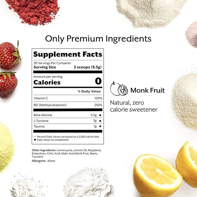 Promix Stim-Free Pre-Workout Powder, Raspberry Lemon - 30 Servings, 274g - Maximize Focus, Energy & Performance - Vitamin B12, Taurine, Beta-Alanine & L-Tyrosine - Free of Gluten, Dairy & Caffeine