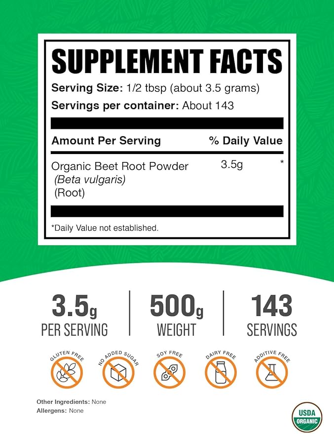 BulkSupplements.com Organic Beet Root Powder - Superfood Supplement, Beet Root Supplements - Vegan & Gluten Free, 3.5g per Serving, 500g (1.1 lbs) (Pack of 1)