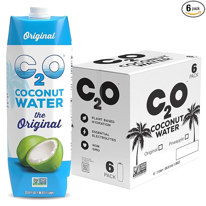 C2O - Organic Coconut Water, The Original Flavor (6 Pack) - Made with Fresh Coconut Water - Plant Based, Non GMO - Natural Hydration, Essential Electrolytes, & Potassium - 6 Tetra Packs, 33.8 FL OZ