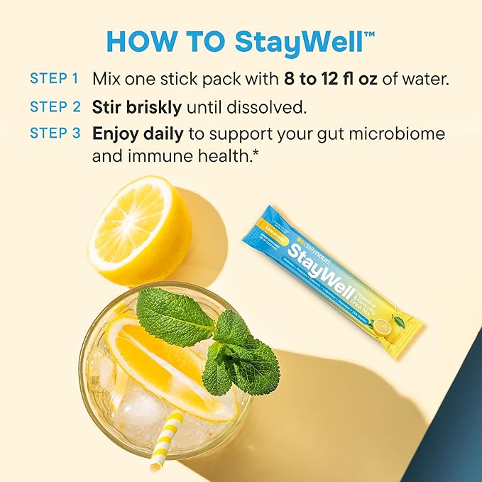 Nouri Daily StayWell Digestive & Immunity Drink Mix | Probiotics, Prebiotics, Colostrum, L-Glutamine, Magnesium, Manganese, Zinc, Vitamins for Gut Health, Digestion & Immune Support | 30 Stick Packs