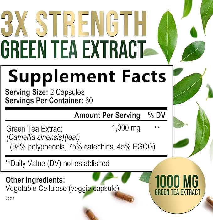Green Tea Extract Capsules 1000mg 98% Standardized EGCG - 3X Strength for Natural Energy - Heart Support with Polyphenols - Gentle Caffeine - 120 Capsules