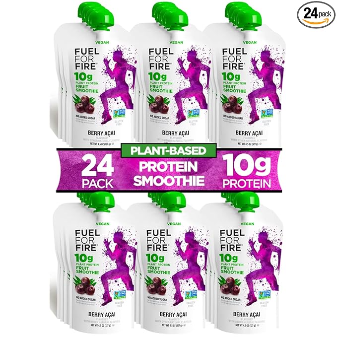 Fuel for Fire VEGAN Protein Smoothie Squeeze Pouch - Berry Acai (24-Pack) | Healthy Snack & Recovery | No Sugar Added, Dietitian Approved | Plant Based Functional Fruit Smoothies (4.5oz pouches)