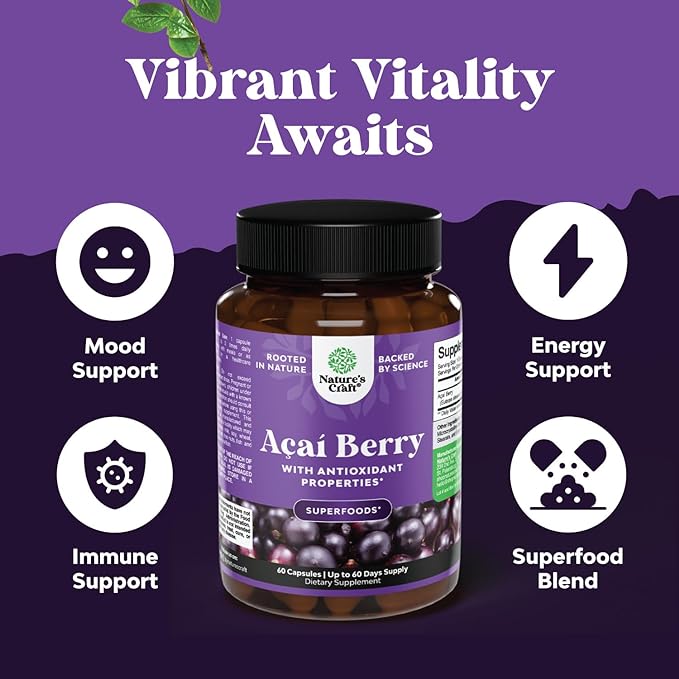 Acai Berry Capsules Antioxidant Supplement - Acai Berry Cleanse Superfood Supplement for Brain Booster Heart Health and Natural Energy Boost - Capsules and Memory for Brain Health