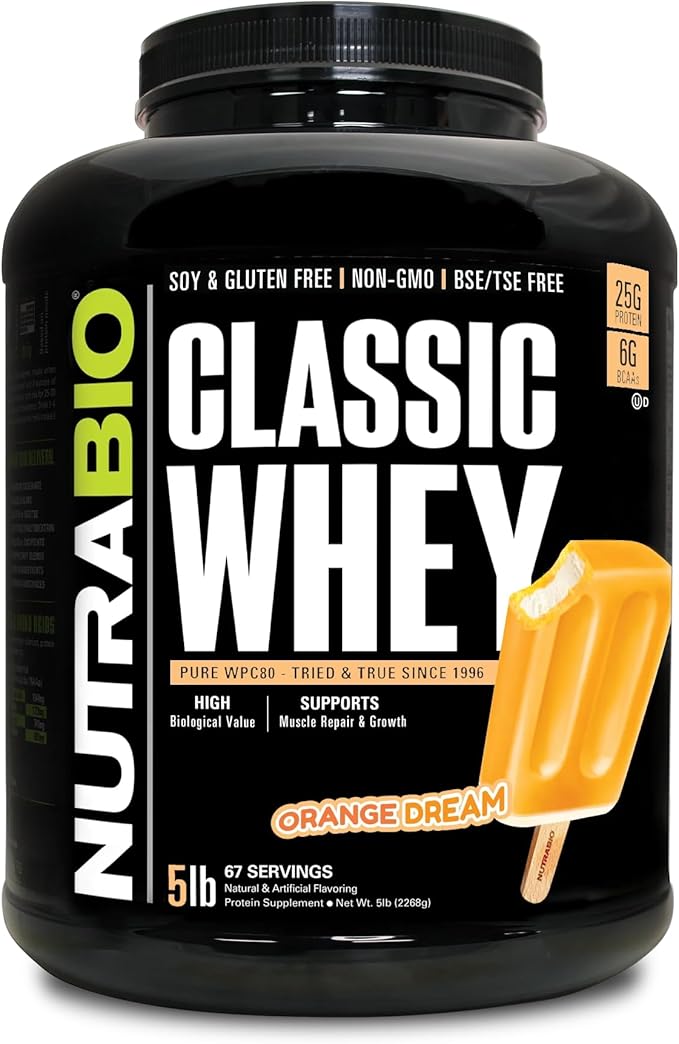 NutraBio Classic Whey Protein Powder- 25G of Protein Per Scoop - Full-Spectrum Amino Acid Profile - No Fillers, Artificial Colors, Preservatives - Orange Dream, 5 Pounds