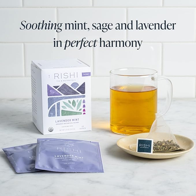 Rishi Tea Lavender Mint & Greek Mountain Herbal Tea - Organic Sachet Tea Bags, Caffeine Free Immune Support Tea Bundle - 15 Count (Pack of 2)