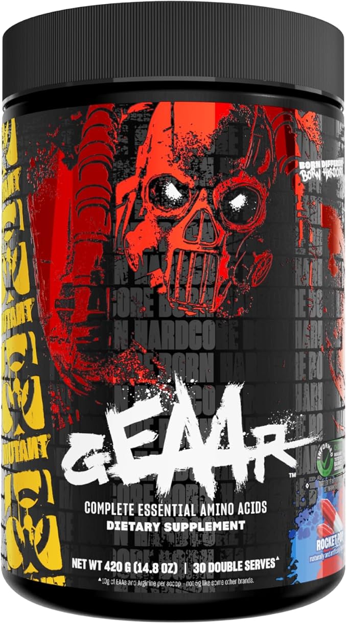 Mutant GEAAR - 9.4g of EAA Powder + Arginine, 7g BCAAs, 4g Leucine, Electrolytes, Coconut Water, No Artificial Colors or Flavors, Delicious Taste - 30 Servings - Rocket Pop - 400g