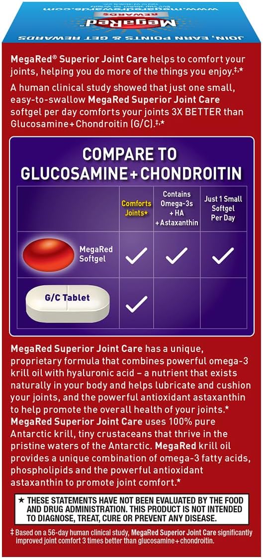 Omega-3 Krill Oil and Joint Supplement - Megared Joint Care 60 softgels - EPA/DHA fatty acids, Antioxidants, Hyaluronic acid, No fishy burp aftertaste as with Fish Oil