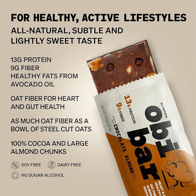 Obi Bar Chocolate Almond - Protein and Oat Fiber Bar | All-Natural | Sustained Energy | Lightly Sweet Taste | 100% Cocoa, Almond Chunks | MADE WITH AVOCADO OIL | Egg White Protein | Soy Free, Dairy Free, No Sugar Alcohol, No Seed Oils | 2.4oz, 12 Pack